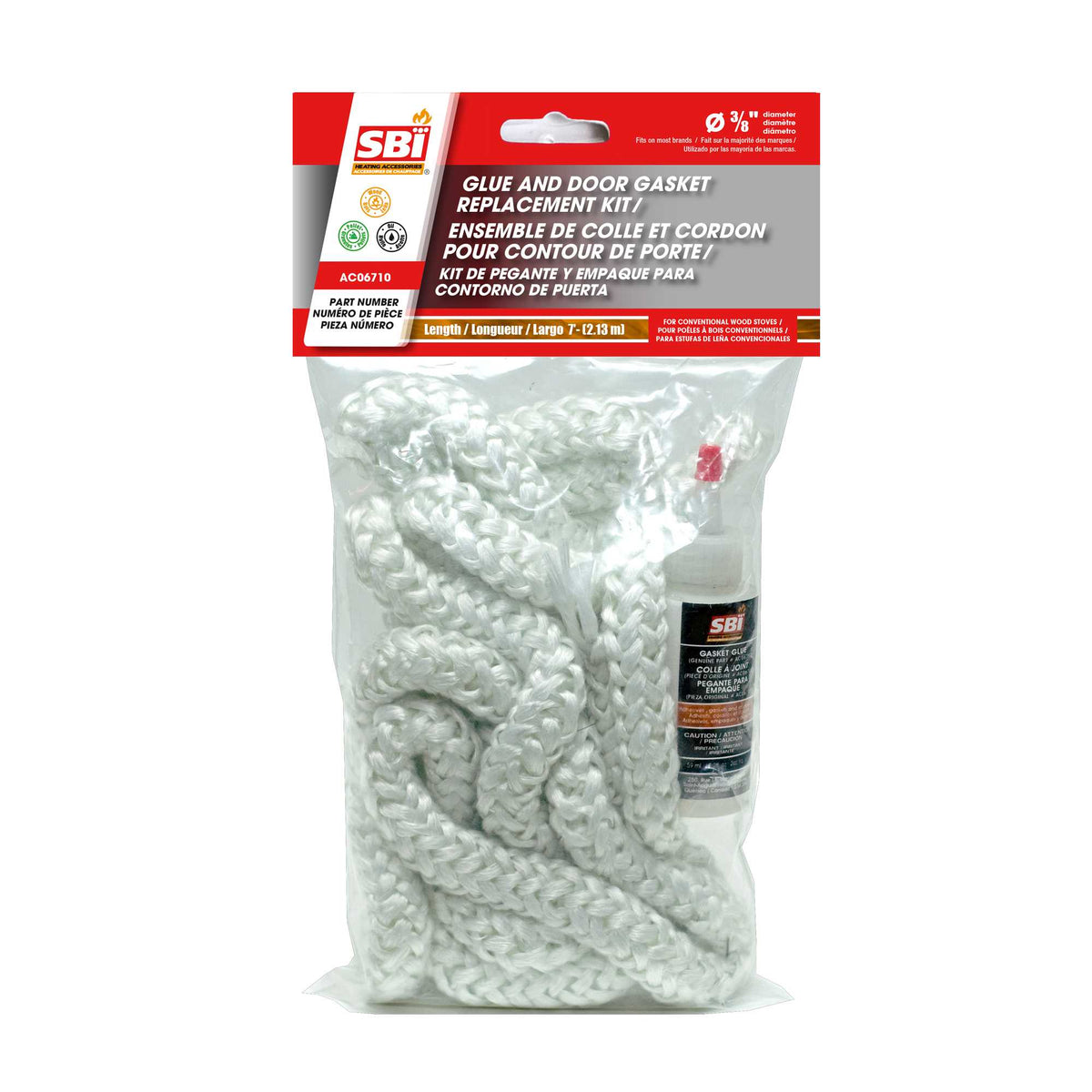 Colle et cordon de remplacement pour coutour de porte de poêle à bois, 3/8'' x 7'