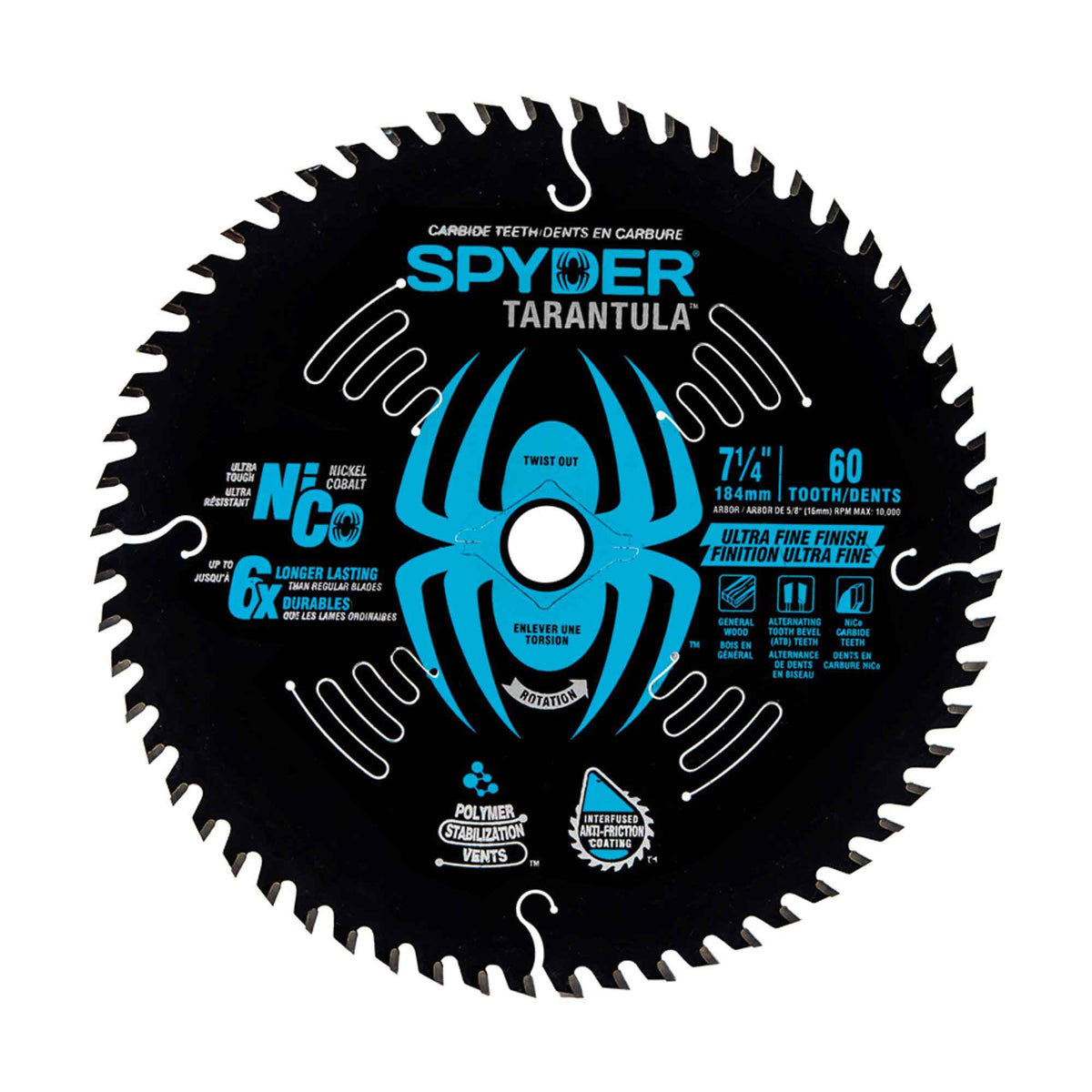 Lame de scie circulaire ultra-fine Tarantula pour la finition avec 60 dents en acier au carbure de tungstène, 7-1/4"