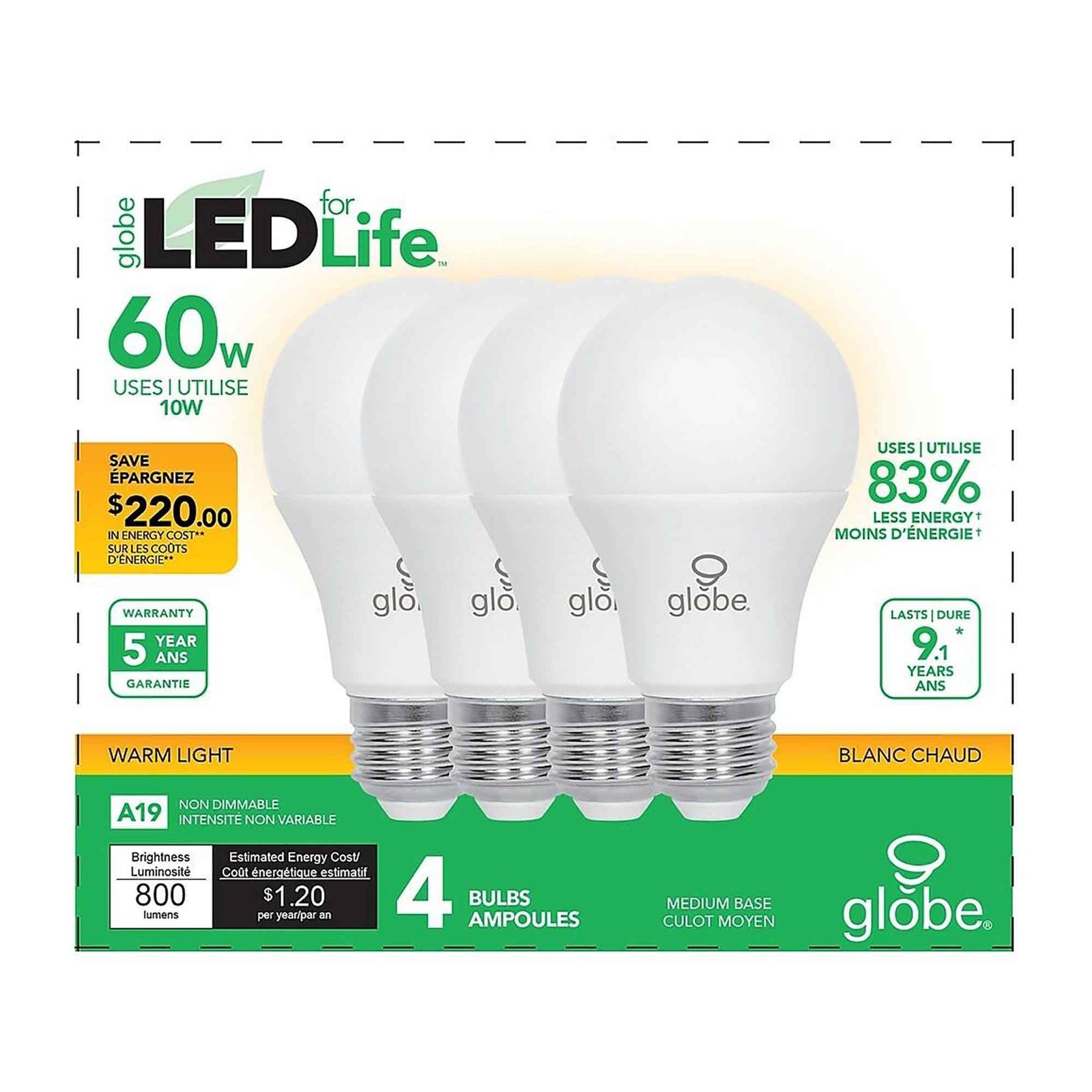 Ampoule DEL A19, non-dimmable, blanc doux, 60 watts (emballage de 4)